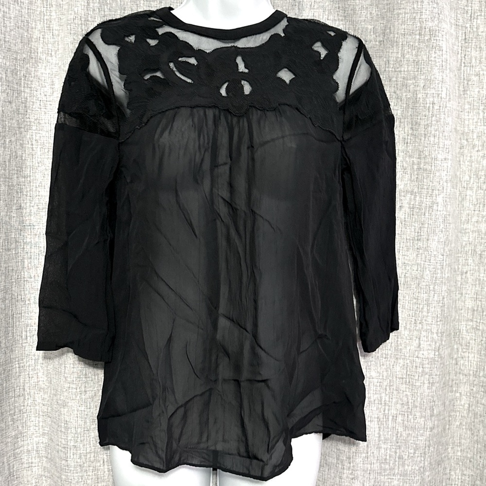 ANTHROPOLOGIE Vanessa Virginia Boho Sheer Tunic Top Lace Appliqué Sz 0 3/4 Sleev